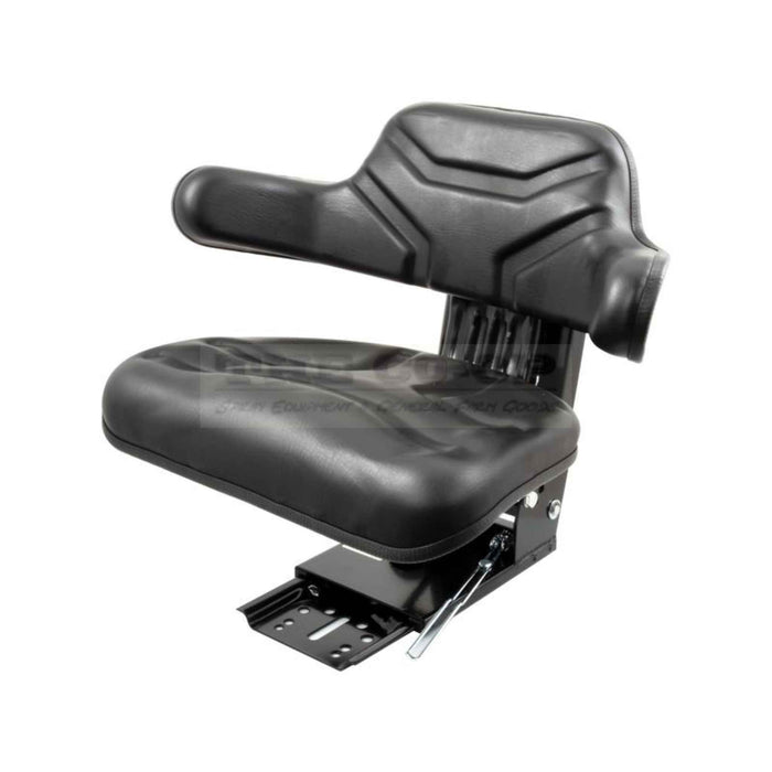 Black adjustable tractor seat on a white background