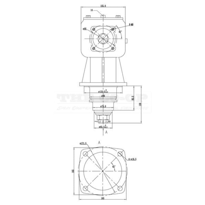 right angle drive Gearbox, 30 hp, Ratio: 1:1:92 on white background Technical drawing with dimensions and annotations on a white background