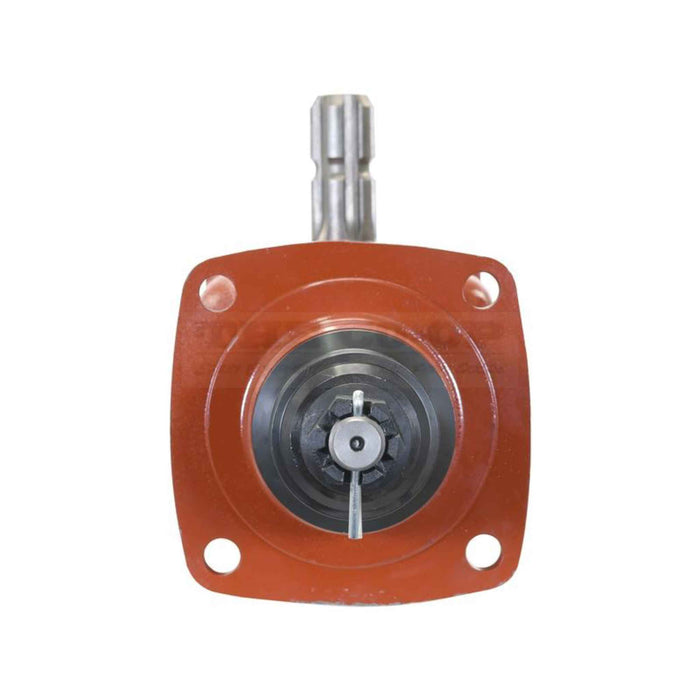 Mechanical component with red housing and metal shaft on a white background