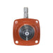 Mechanical component with red housing and metal shaft on a white background