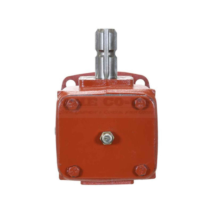 Red mechanical component with a silver threaded rod on a white background