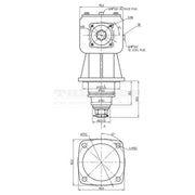 Technical drawing of a mechanical component with dimensions and labels