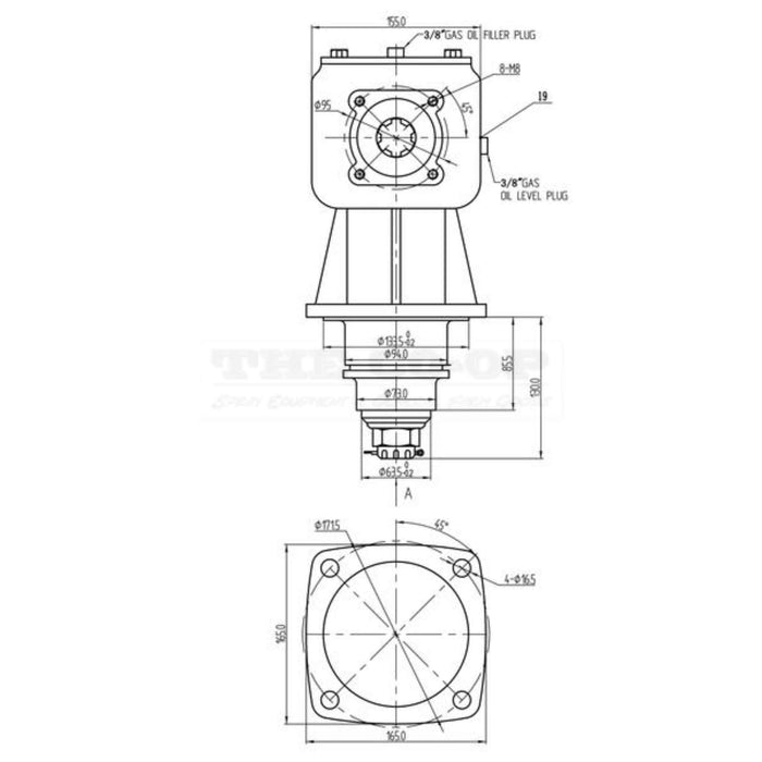 Technical drawing of a mechanical component with dimensions and labels
