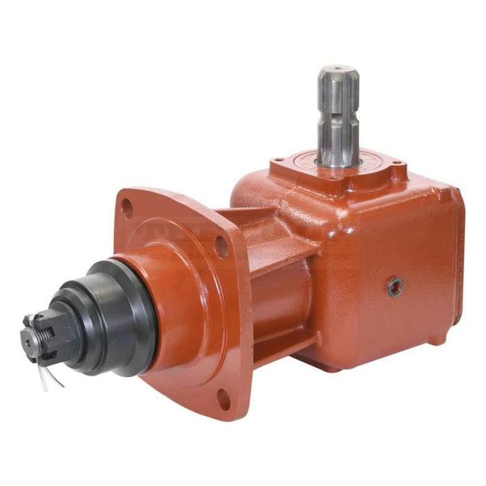 oxide coloured 30 hp 90 degree drive gearbox looking at side and base 
