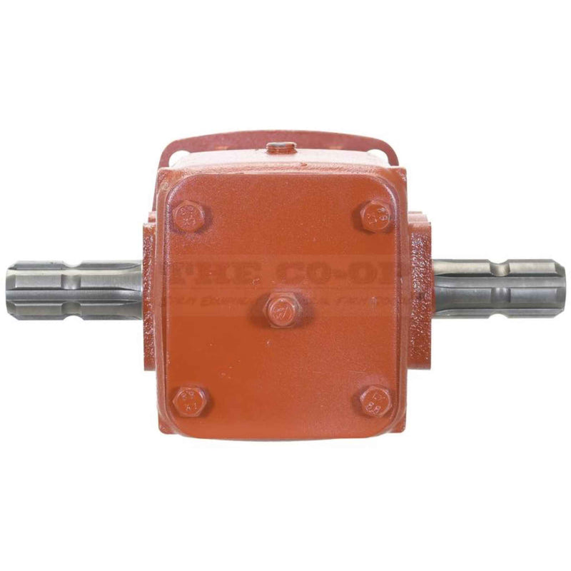 Red mechanical Gearbox, T Type, 30 hp, Ratio: 1:1:92 Increase component on a white background T shafts view