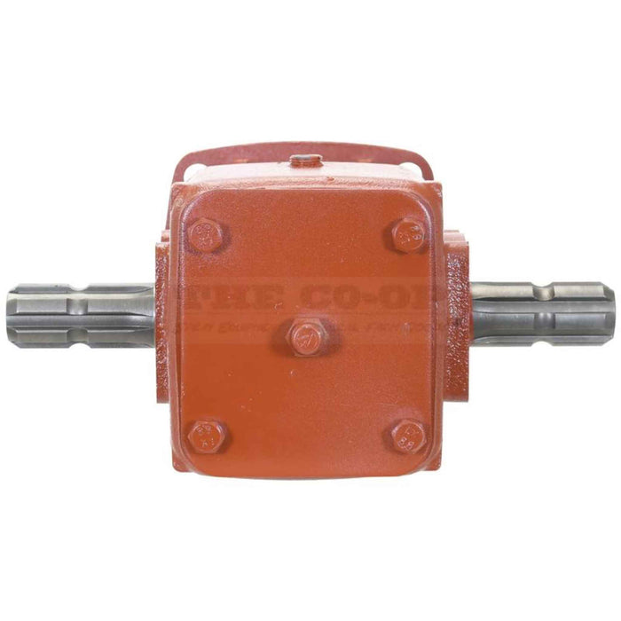 Red mechanical Gearbox, T Type, 30 hp, Ratio: 1:1:92 Increase component on a white background T shafts view