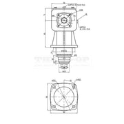 Technical drawing of a mRed mechanical Gearbox, T Type, 30 hp, Ratio: 1:1:92 Increase  with dimensions and labels.