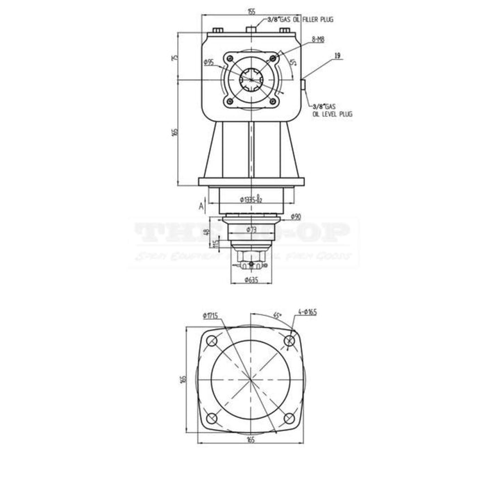 Technical drawing of a mRed mechanical Gearbox, T Type, 30 hp, Ratio: 1:1:92 Increase  with dimensions and labels.