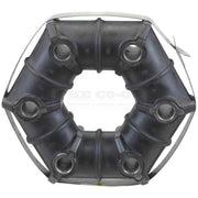 Black rubber drive coupling with metal components on a white background