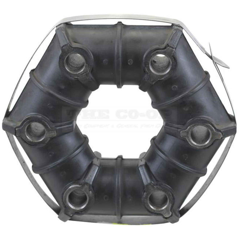 Black rubber drive coupling with metal components on a white background