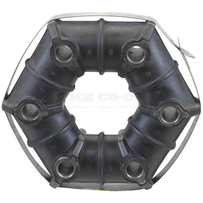 Black rubber drive coupling with metal components on a white background