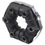 Black rubber drive coupling with metal components on a white background