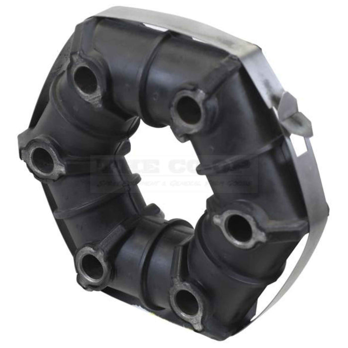 Black rubber drive coupling with metal components on a white background
