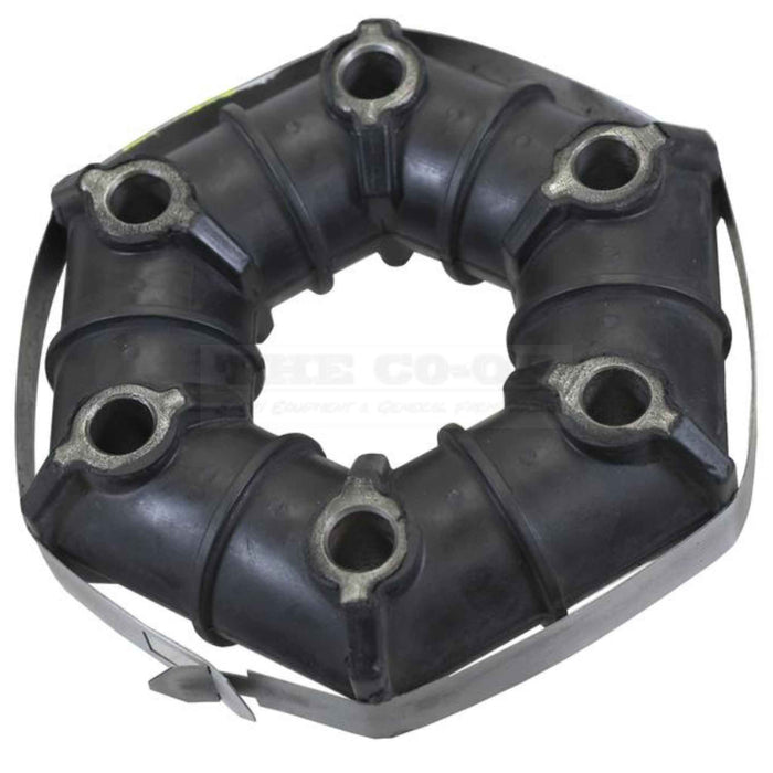 Black rubber drive coupling with metal components on a white background