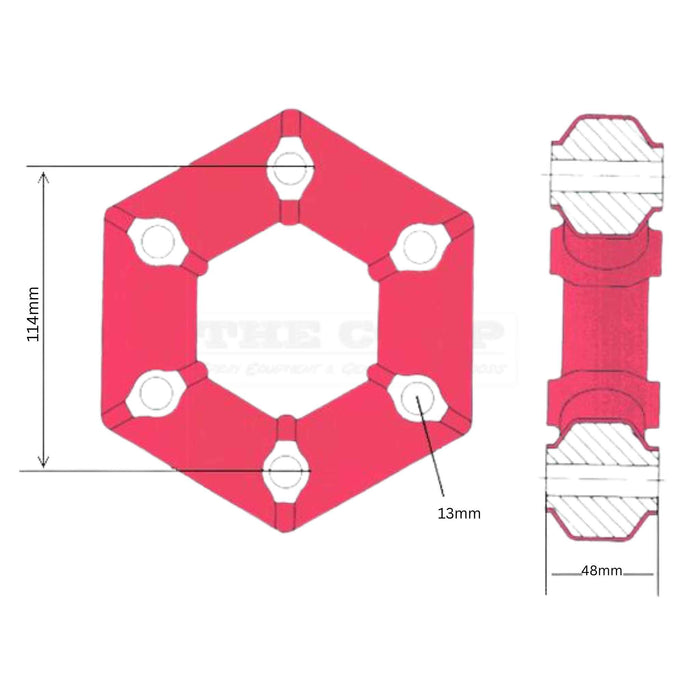 Technical drawing of Black rubber drive coupling with metal components with dimensions on a white background