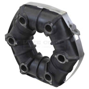 Black rubber drive coupling with metal components on a white background