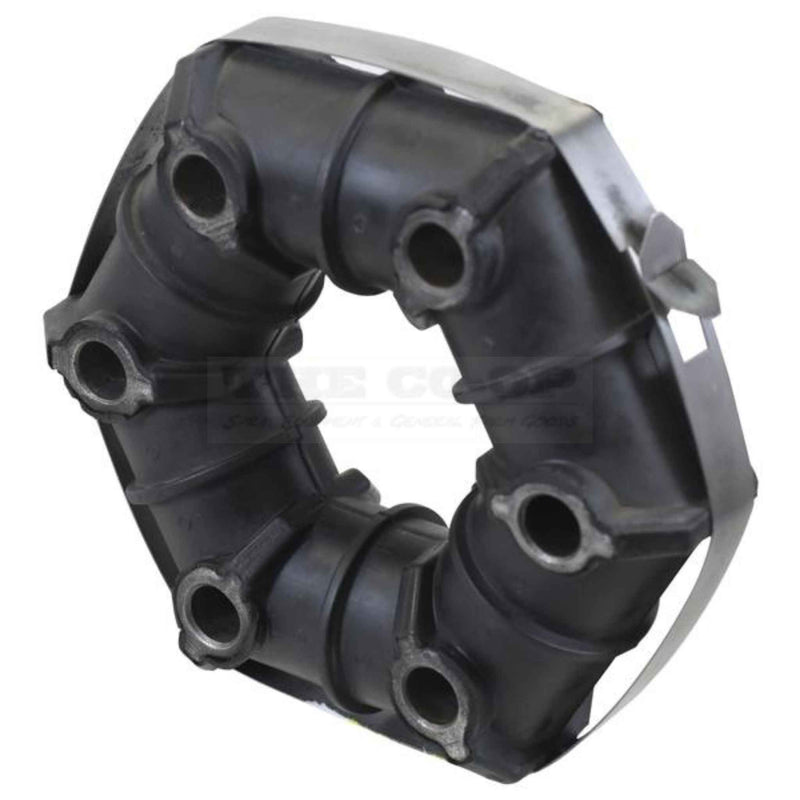 Black rubber drive coupling with metal components on a white background