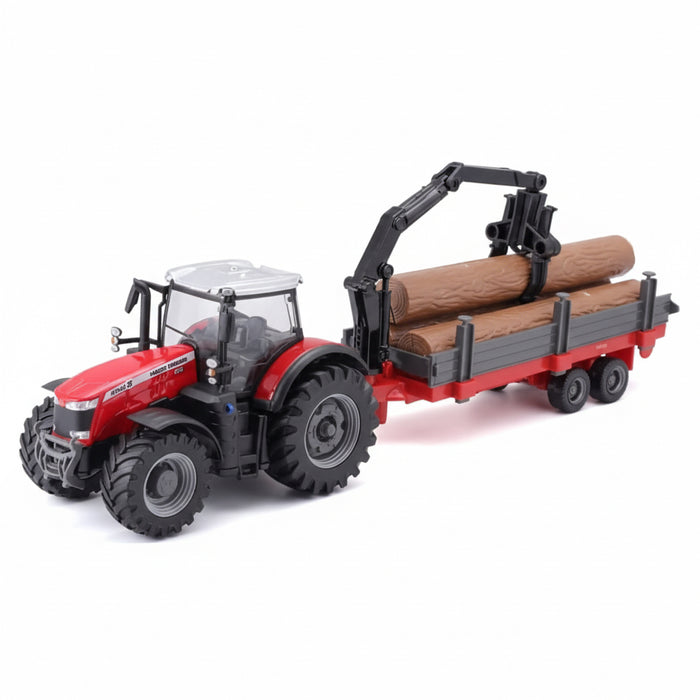 Toy tractor with a trailer carrying logs on a white background