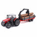 Toy tractor with a trailer carrying logs on a white background