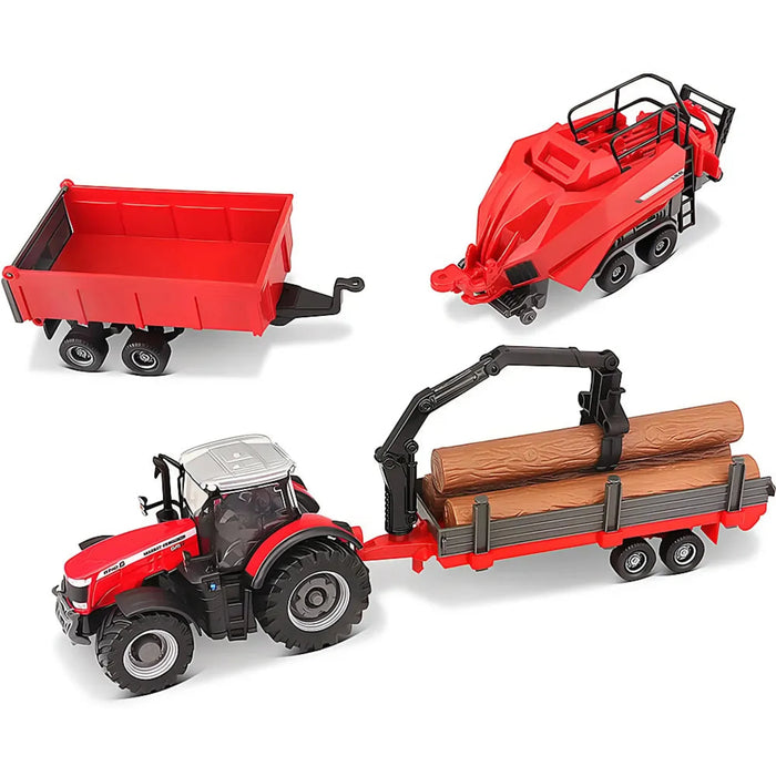 Set of toy farm vehicles including a tractor, trailer, and combine harvester on a white background. S.171218