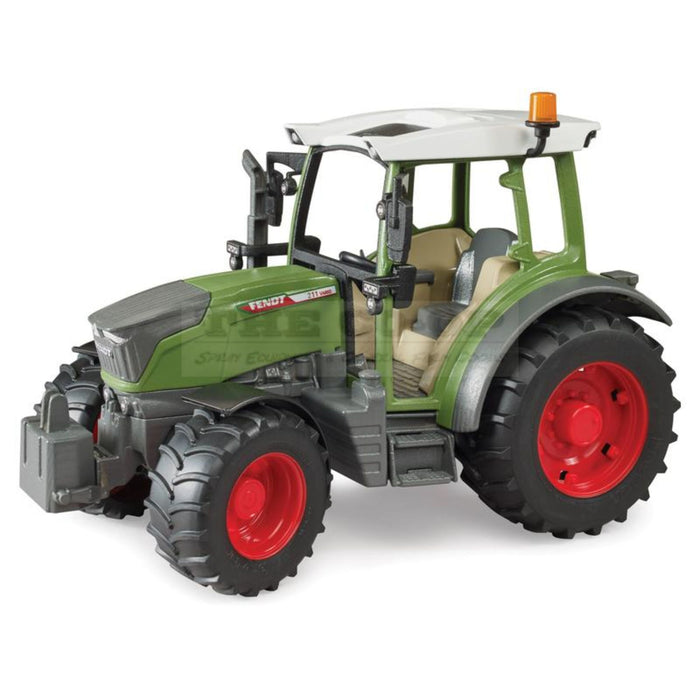 Toy model Fendt tractor with green body, red wheels, and gray accents on a white background