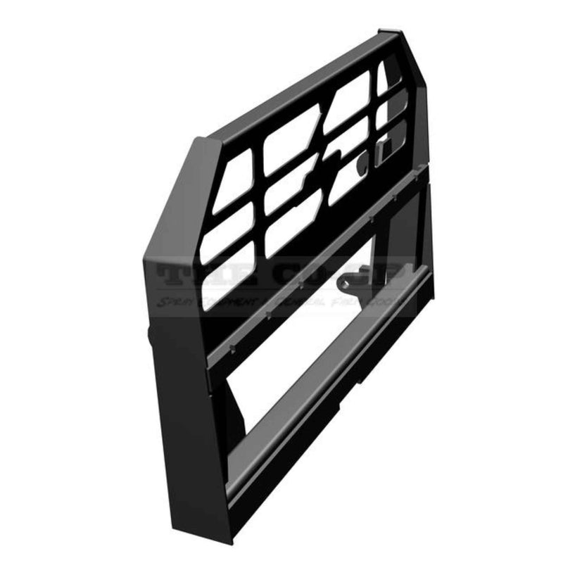 Black metal skid steer loader attachment on a white background