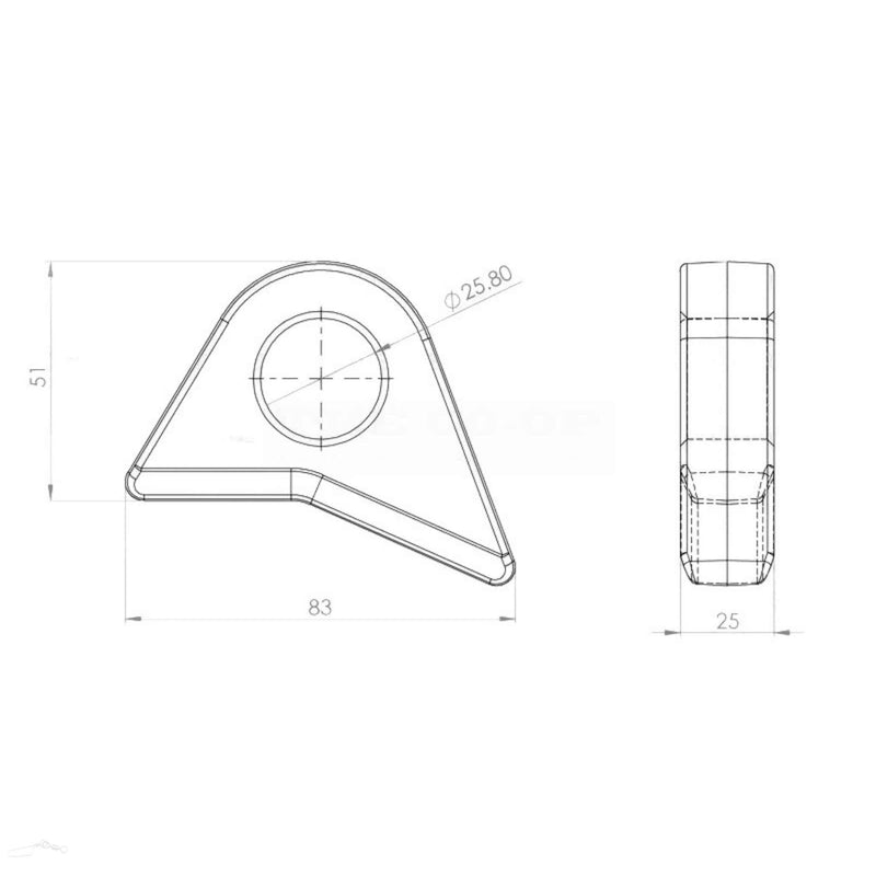 Front Loader Bracket - Eyelet, Hole Ø23mm. Dimensions