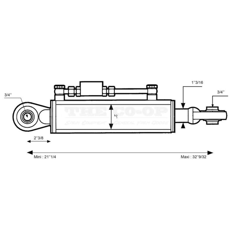 Imperial measurements of Hydraulic Top Link, Cat 1/1  Ball Ends, 540-820mm