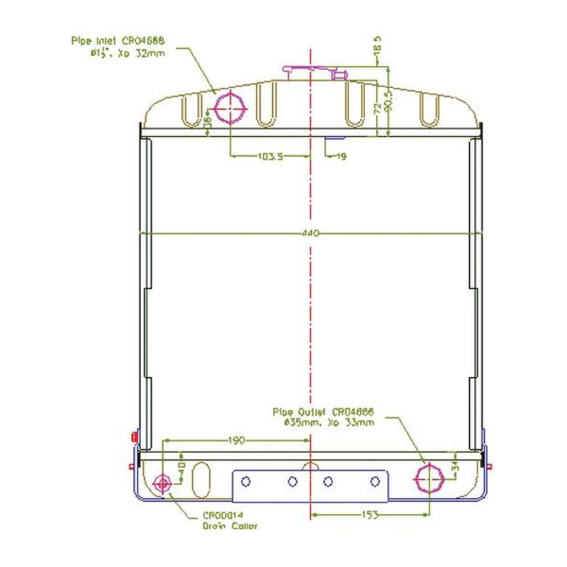 Technical drawing of a mechanical component with dimensions and labels