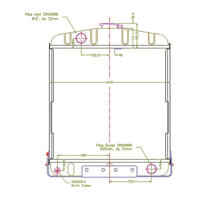 Technical drawing of a mechanical component with dimensions and labels