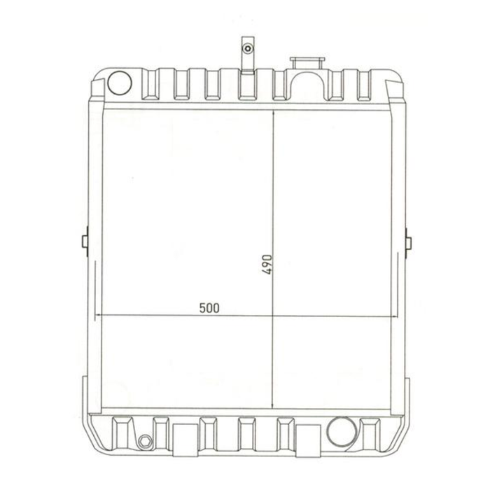 Technical drawing of a radiator with dimensions on a white background