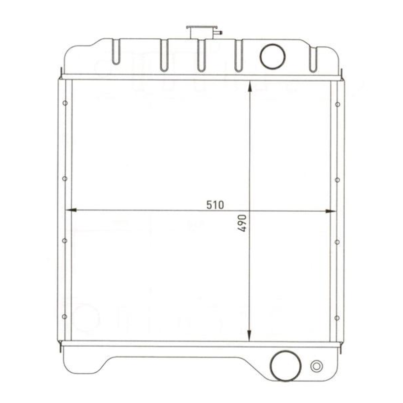 Technical drawing of a radiator with dimensions on a white background