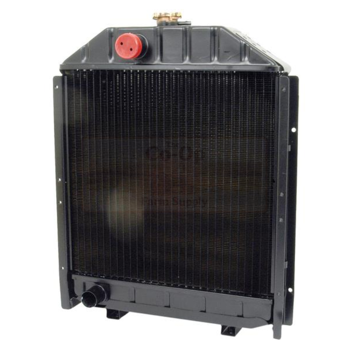 Black radiator with red cap on a white background