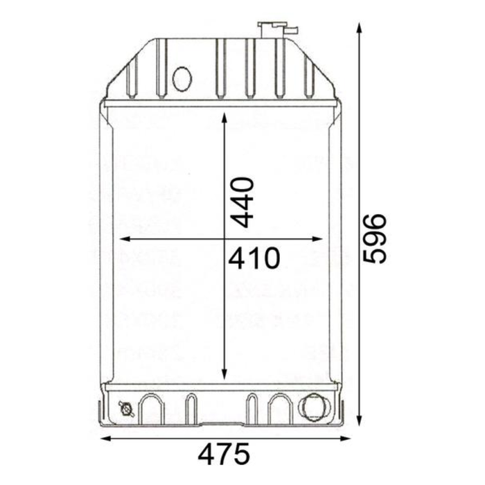 Technical drawing of a rectangular metal tank with dimensions labeled