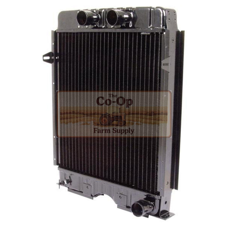A heavy-duty automotive radiator with a black ribbed finned core and silver metal housing, featuring two black intake tubes on top and a Co-Op Farm Supply watermark overlay.