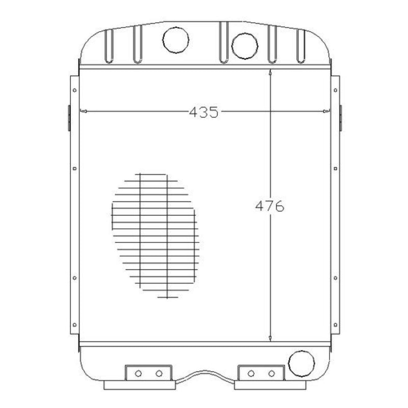 A black and white technical line drawing showing the front dimensions of a rectangular device, with measurements labeled 435 and 476.