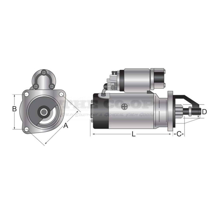 Technical drawing of a starter motor with labeled dimensions on a white background