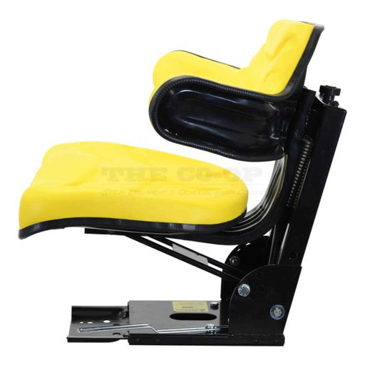 Yellow tractor seat with black metal frame on a white background