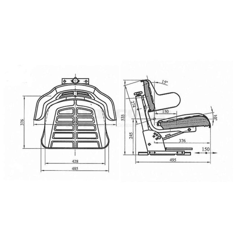 Technical drawing of a chair seat and backrest with dimensions on a white background
