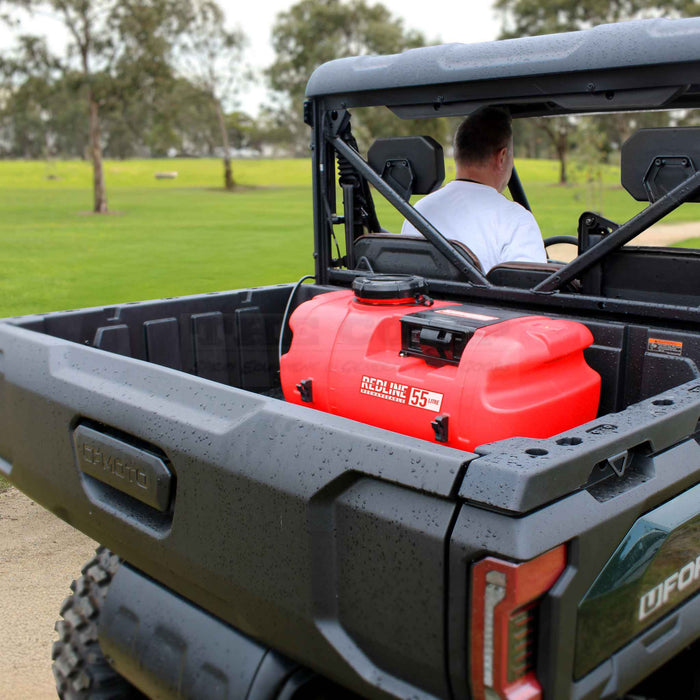 Silvan Rechargeable 55L Redline Remote Control Sprayer in back of UTV