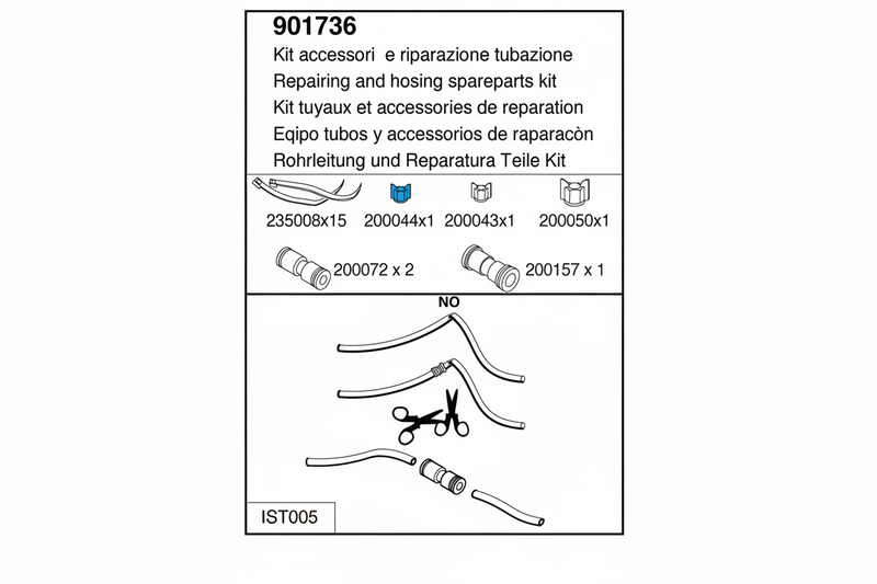 Technical diagram of a repair parts kit for plumbing with text in multiple languages.