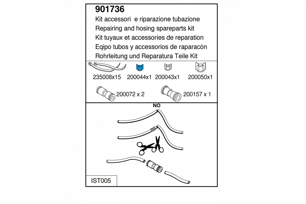Technical diagram of a repair parts kit for plumbing with text in multiple languages.