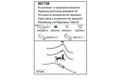 Technical diagram of a repair parts kit for plumbing with text in multiple languages.