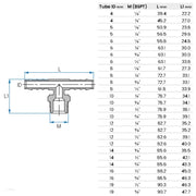 Tefen BSPT Male Branch T Hose Connector sizes