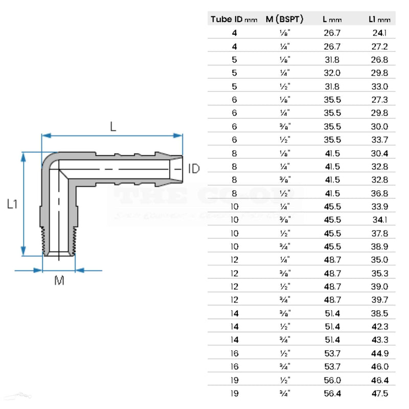 Tefen BSPT Male Elbow Hose Connector sizes