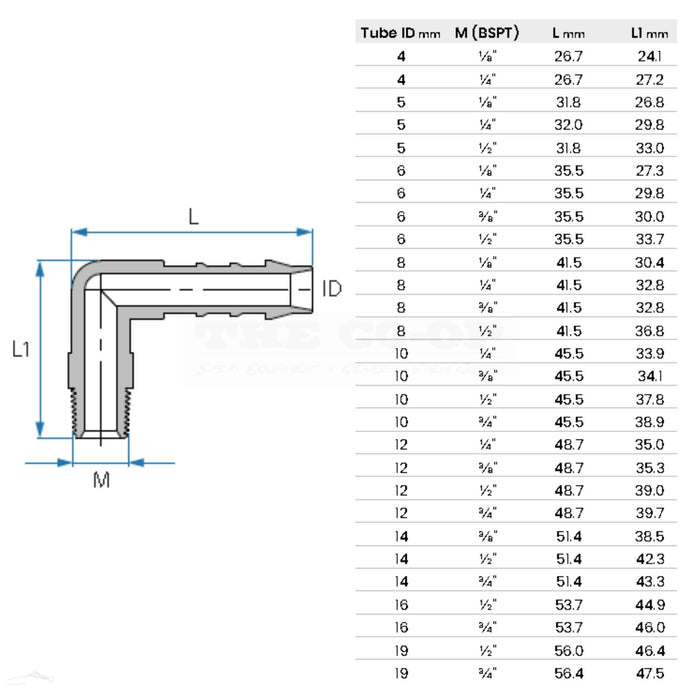 Tefen BSPT Male Elbow Hose Connector sizes