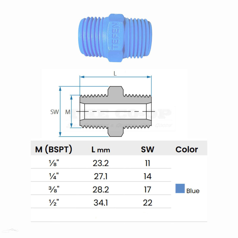 Tefen Equal Hex Nipple | Male BSPT Both Ends | Nylon 66 | 1/8"–1/2"