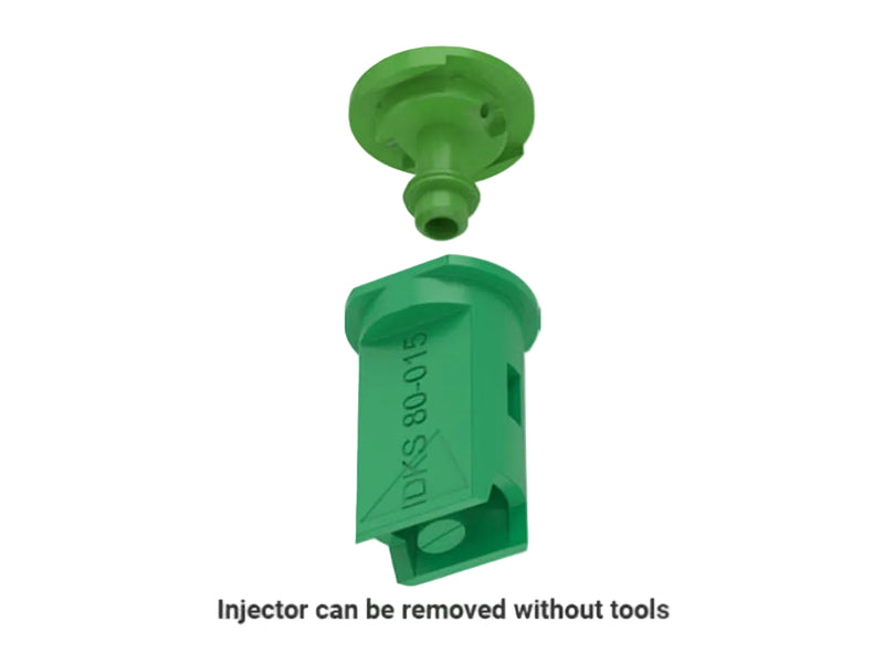 Green plastic injector with text on a white background