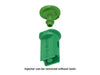 Green plastic injector with text on a white background