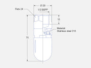 Technical drawing of a plumbing fitting with dimensions and material details.